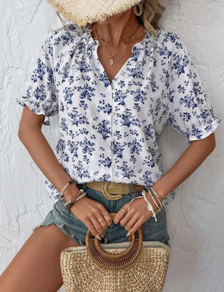 Anna Floral Button Up V-Neck Short Sleeve Blouse
