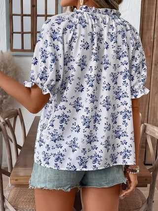 Anna Floral Button Up V-Neck Short Sleeve Blouse
