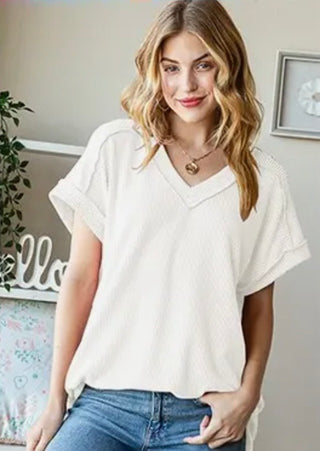 Ribbed V-Neck Short Sleeve Tunic Top-Assorted Colors