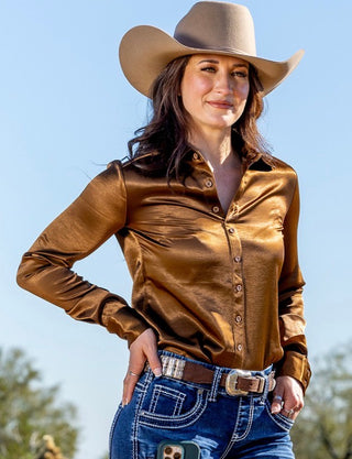 Cowgirl Tuff Satin Pullover Button Up Shirt in Brown