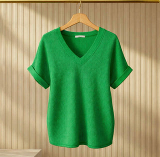 Magic Fit Ribbed V-Neck Short Sleeve Tunic Top in Asst Colors