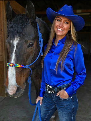 Cowgirl Tuff Satin Pullover Button Up Shirt in Royal Blue