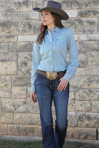 Cinch Ladies Tencel Shirt-Teal Stripe