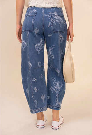 Western Print Barrel Leg Denim Jean