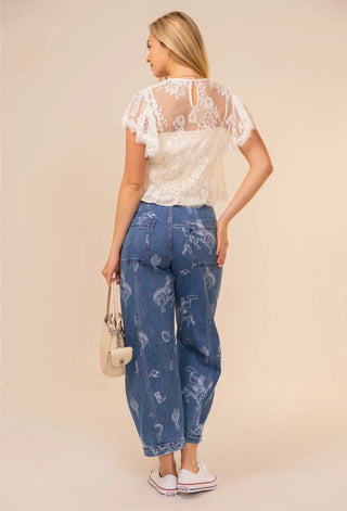 Western Print Barrel Leg Denim Jean