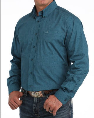 Cinch Men's Longsleeved Shirt-Teal Blue Tone on Tone Paisley