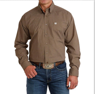 Cinch Men's Longsleeved Shirt- Brown Geometric Print