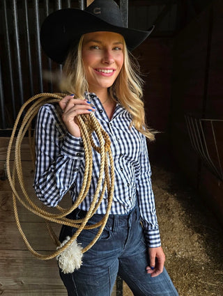 Cowgirl Tuff Pullover-Navy Structured Plaid