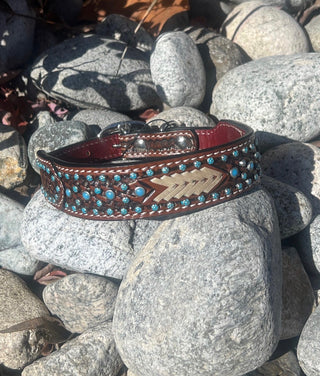 Leather Dog Collar-Turq Flower Spots/Rawhide
