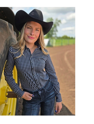 Cowgirl Tuff Stretch Pullover-Sky Black Structured Plaid