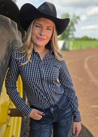 Cowgirl Tuff Stretch Pullover-Sky Black Structured Plaid