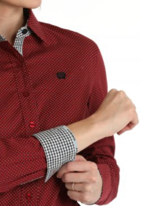 Cinch Cotton Longsleeved Shirt-Dk Red Print