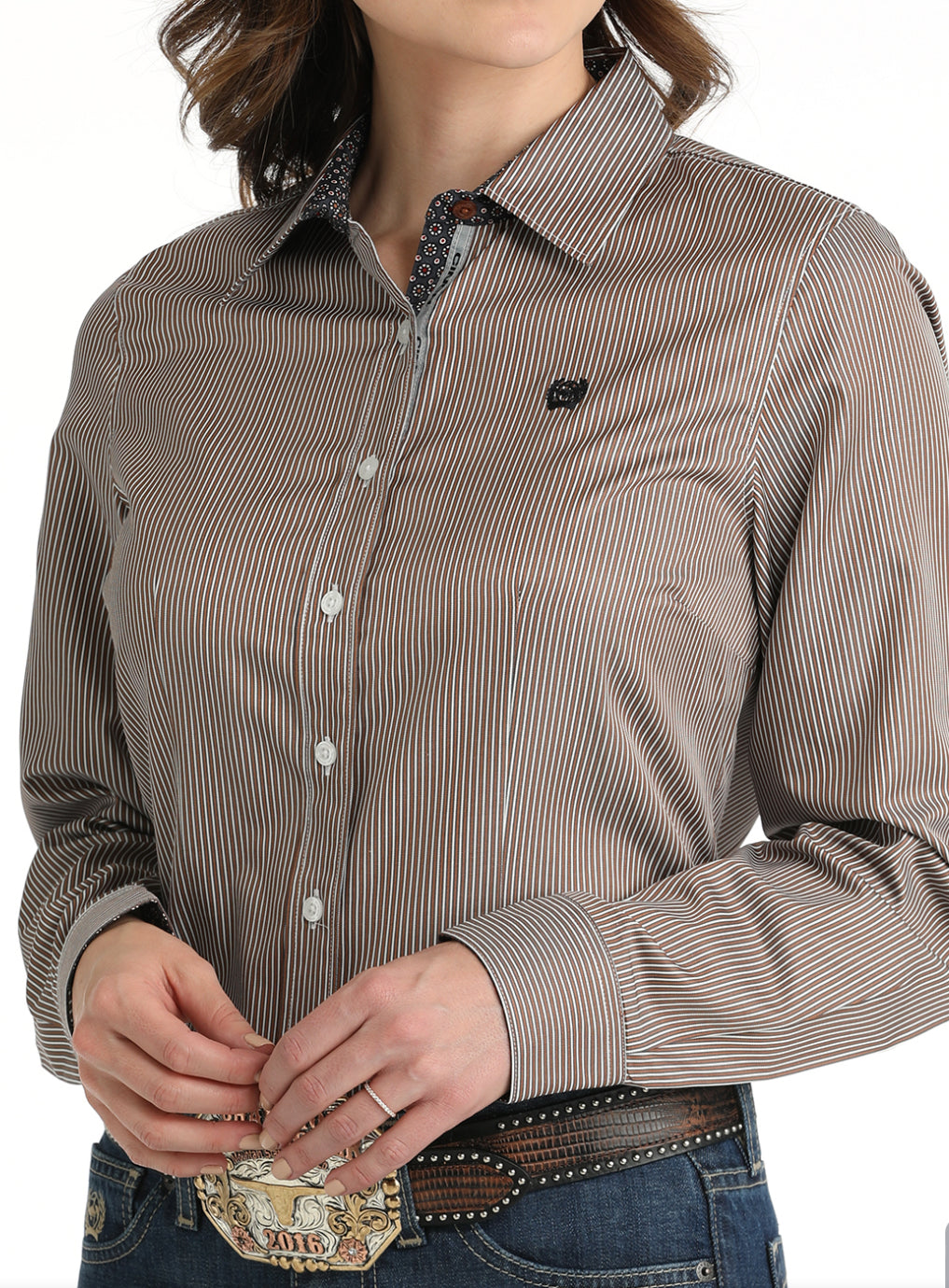 Ladies TENCEL  Longsleeved Shirt-Brown Stripe