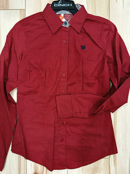 Ladies 100% Cotton Longsleeved Shirt-Dk Red Print