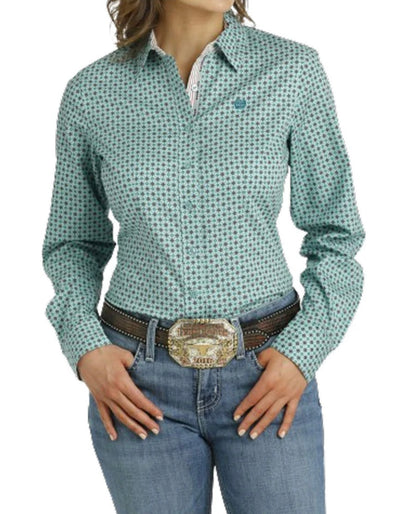 Ladies 100% Cotton Longsleeved Shirt-Lt Blue/Aqua Print