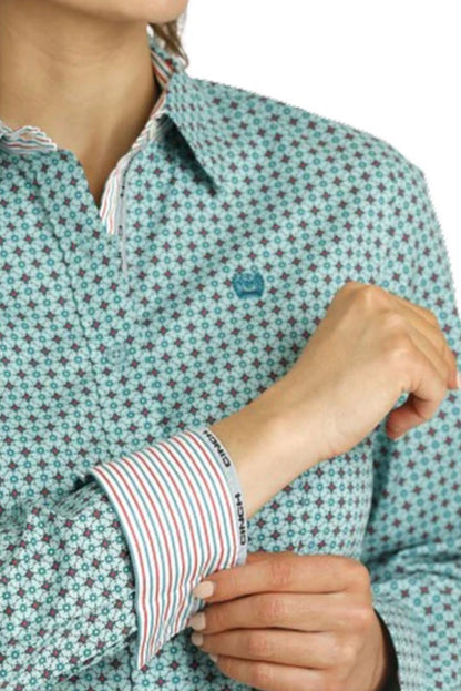 Ladies 100% Cotton Longsleeved Shirt-Lt Blue/Aqua Print