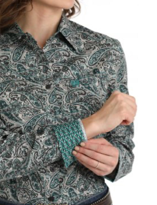 Ladies 100% Cotton Longsleeved Shirt-Gr/Teal Paisley