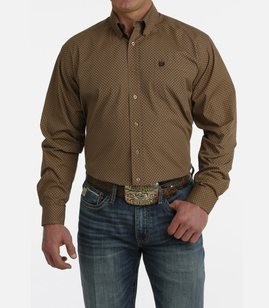 Men’s Classic Cut 100% Cotton Longsleeved Shirt-Chestnut Brown Print