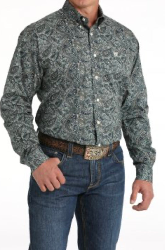 Men’s Classic Cut Stretch Cotton Longsleeved Shirt-Green Paisley