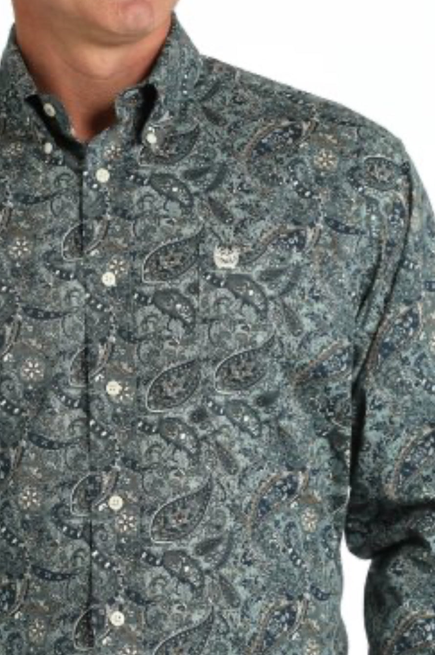 Men’s Classic Cut Stretch Cotton Longsleeved Shirt-Green Paisley