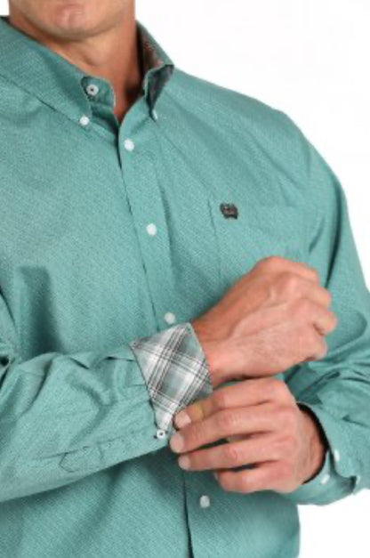 Men’s Classic Cut 100% Cotton Longsleeved Shirt-Green Mini Print