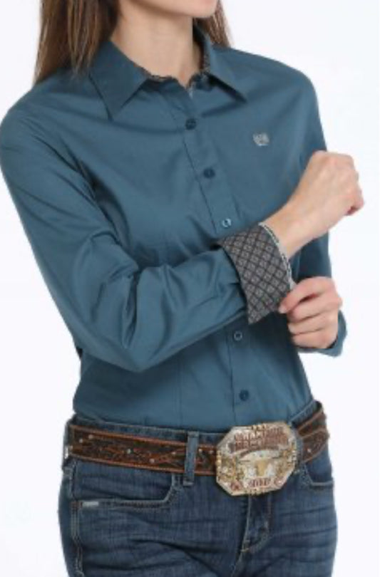 Cinch Stretch Cotton Longsleeved Shirt-Solid Teal Blue