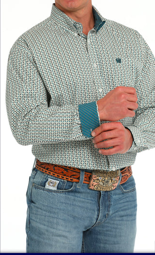Men's Cinch Cotton Shirt-White/Teal Print