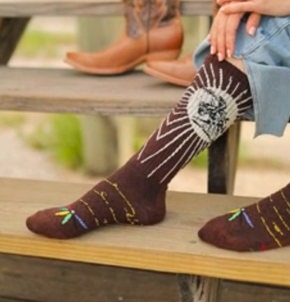 Lucky Chuck Socks- Fringe Bucking Horse in Brown