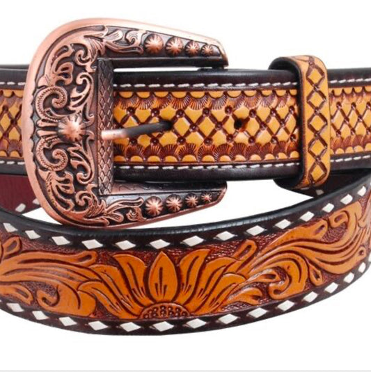 Belt-Floral/Sunflower Tooled w/White Buckstitching BT-600