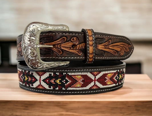 Belt-Oak/Acorn Tooled w/Beaded Rust Colors KH-3019