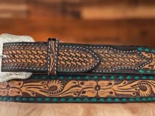 Turquoise Buckstitch Belt with Floral Tooling XBT-1173