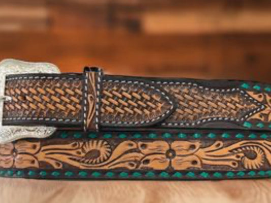 Belt-Turquoise Buckstitch with Floral Tooling XBT-1173