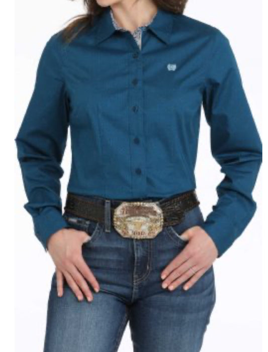 Cinch Stretch Cotton Longleeved Shirt-Dk Teal Blue Print