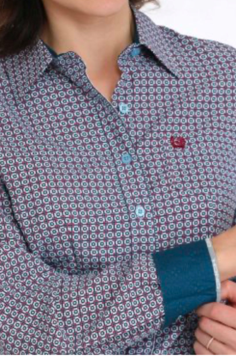 Cinch Longleeved Shirt-Blue Multi Print