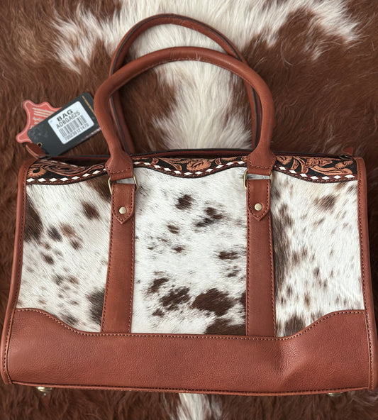 Cowhide & Tooled Leather Satchel Bag