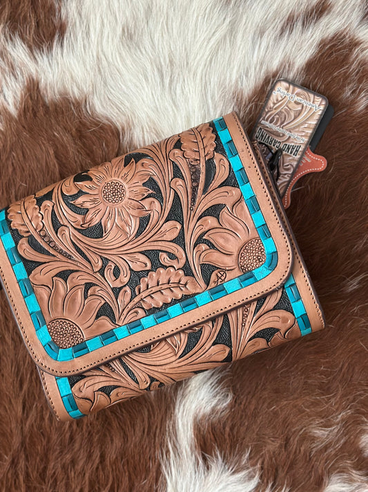 Crossbody Tooled Leather/Turquoise Accents Bag