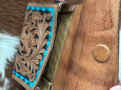 Crossbody Tooled Leather/Turquoise Accents Bag