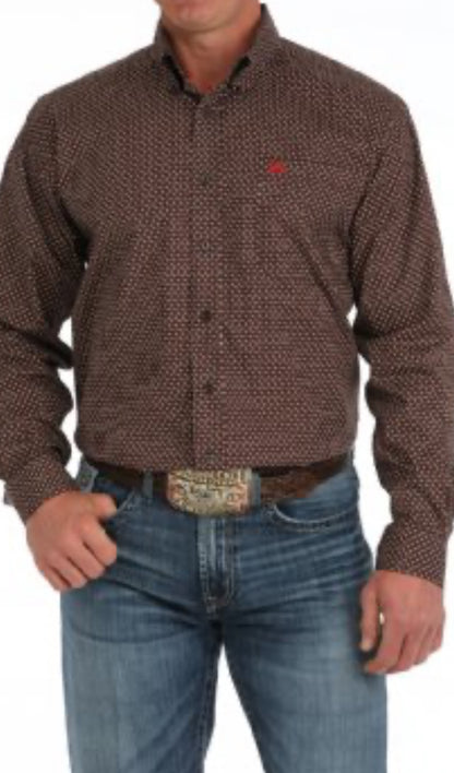 Cinch Men’s Stretch Cotton Longsleeved Shirt-Brown Print