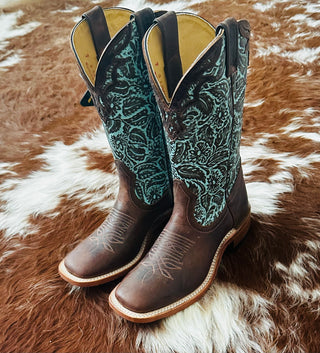 Boulet #2959-Ladies Hillbilly Golden w/Turquoise Tooled Upper 12"