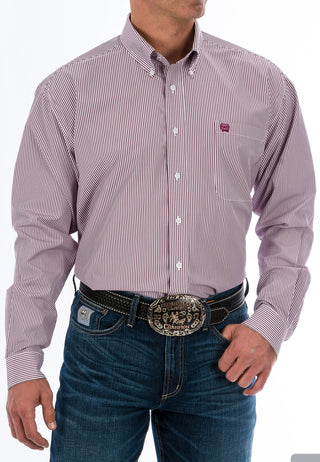 Mens Cinch Tencel Shirt-Burgundy Stripe
