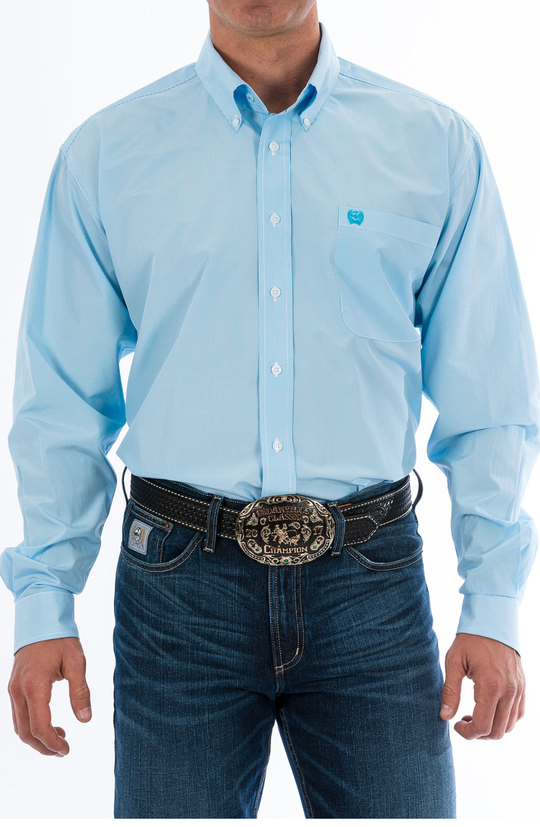 Men's Cinch Tencel Longsleeved Shirt-Lt Blue Stripe