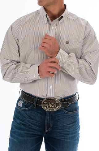 Men's Cinch Tencel Shirt-Khaki Stripe