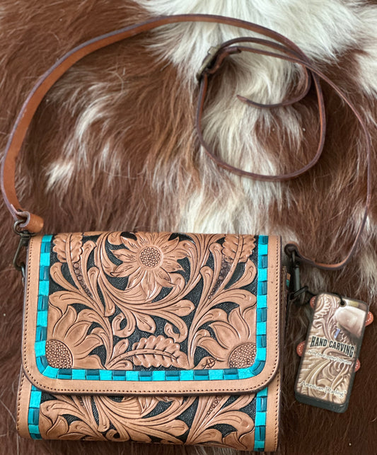 Crossbody Tooled Leather/Turquoise Accents Bag