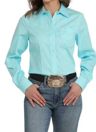 Ladies Cinch Cotton Shirt-Solid Aqua