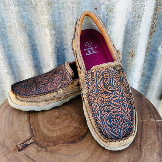 Twisted X Ladies Slip On Loafer-Chocolate Bomber/Tooled Brown