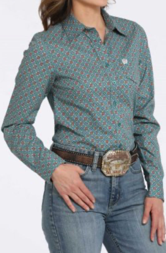 Ladies Cinch Cotton Longsleeved Shirt-Teal Blue Print