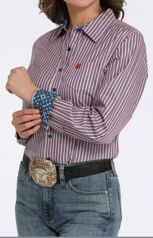 Ladies Cinch Tencel Longsleeved Shirt-RWB Stripe