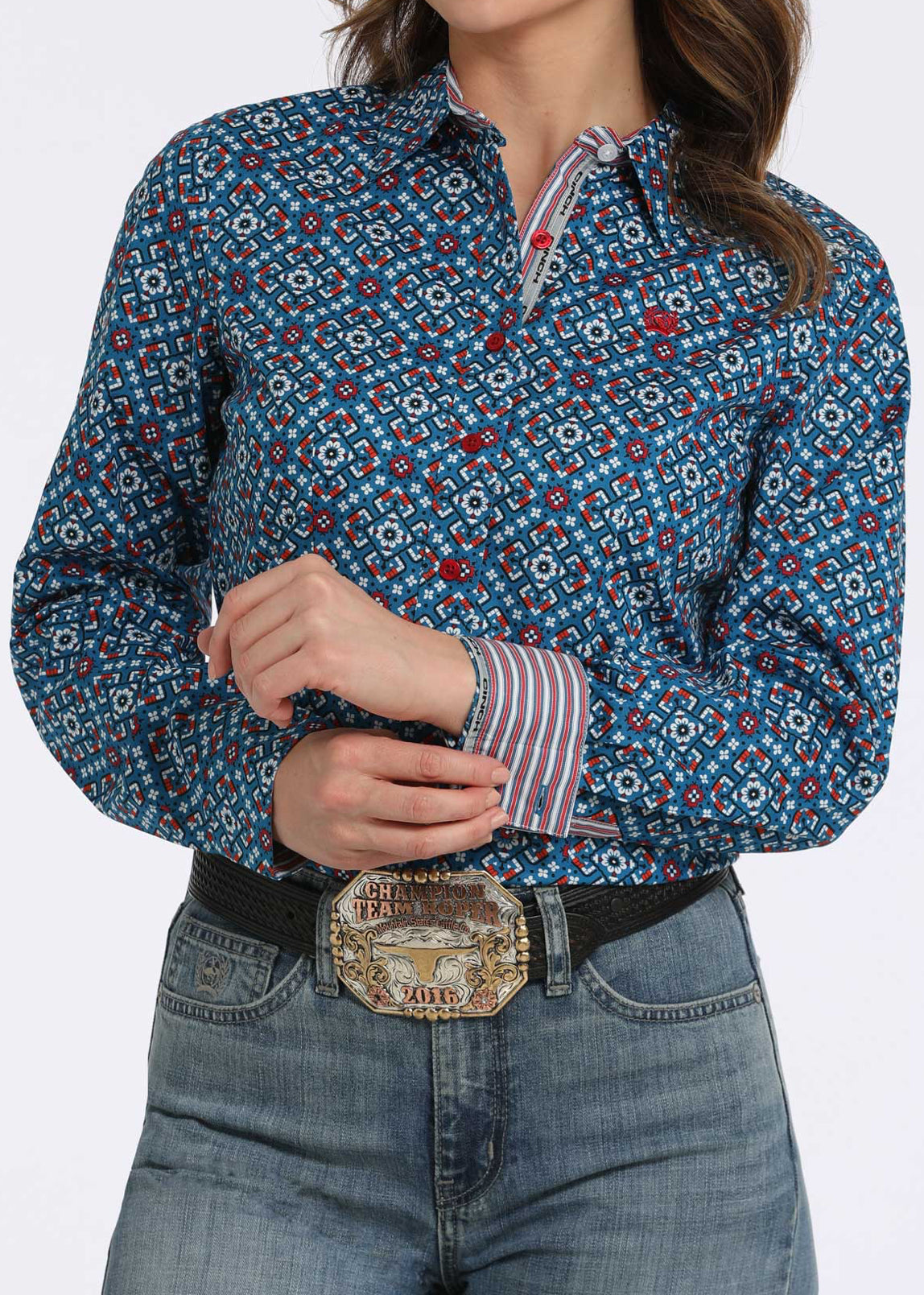 Ladies Cinch Cotton Longsleeved Shirt-Blue Print