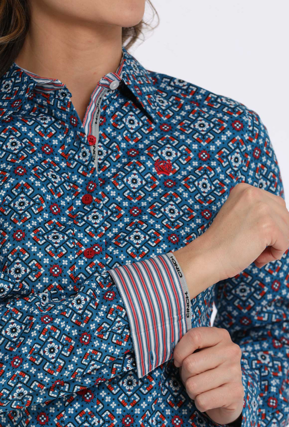 Ladies Cinch Cotton Longsleeved Shirt-Blue Print