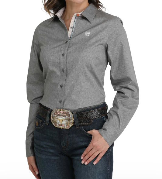 Ladies Cinch Cotton Longsleeved Shirt-Gray Paisley